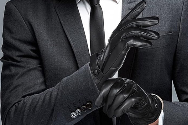 An image featuring a man wearing suit (white shirt, black tie, black coat) and showcasing his black leather gloves with a buttoned strap.