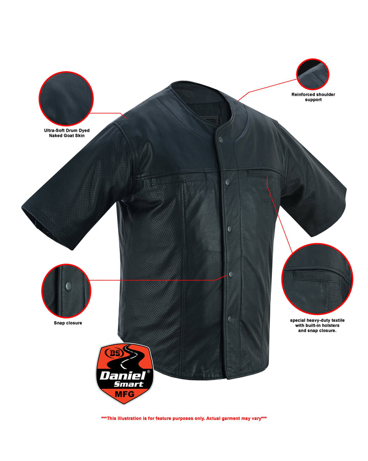 Men's  Leather Baseball Motorcycle Shirt - Black