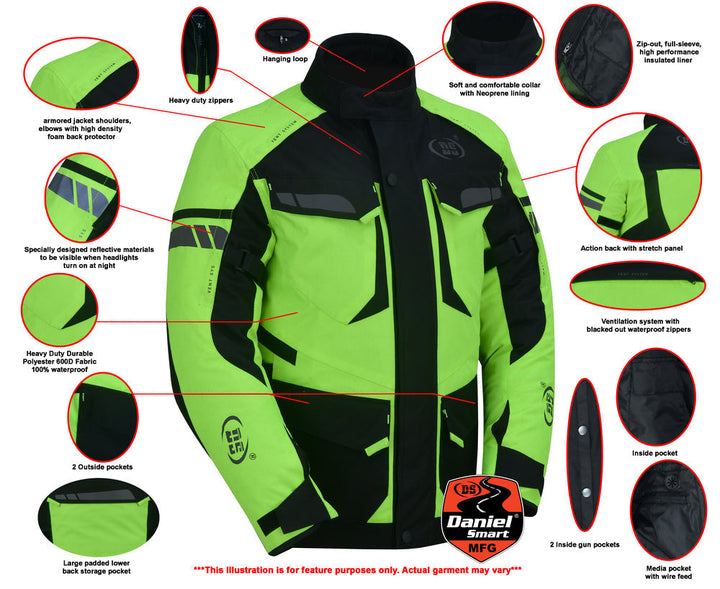 4-Season Hi-Vis Mens Textile Motorycyle Jacket Waterproof & Ventilated