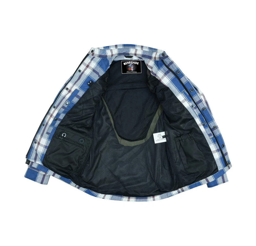 Alpha Check Men's Armored Motorcycle Flannel Shirt - Blue/White/Maroon