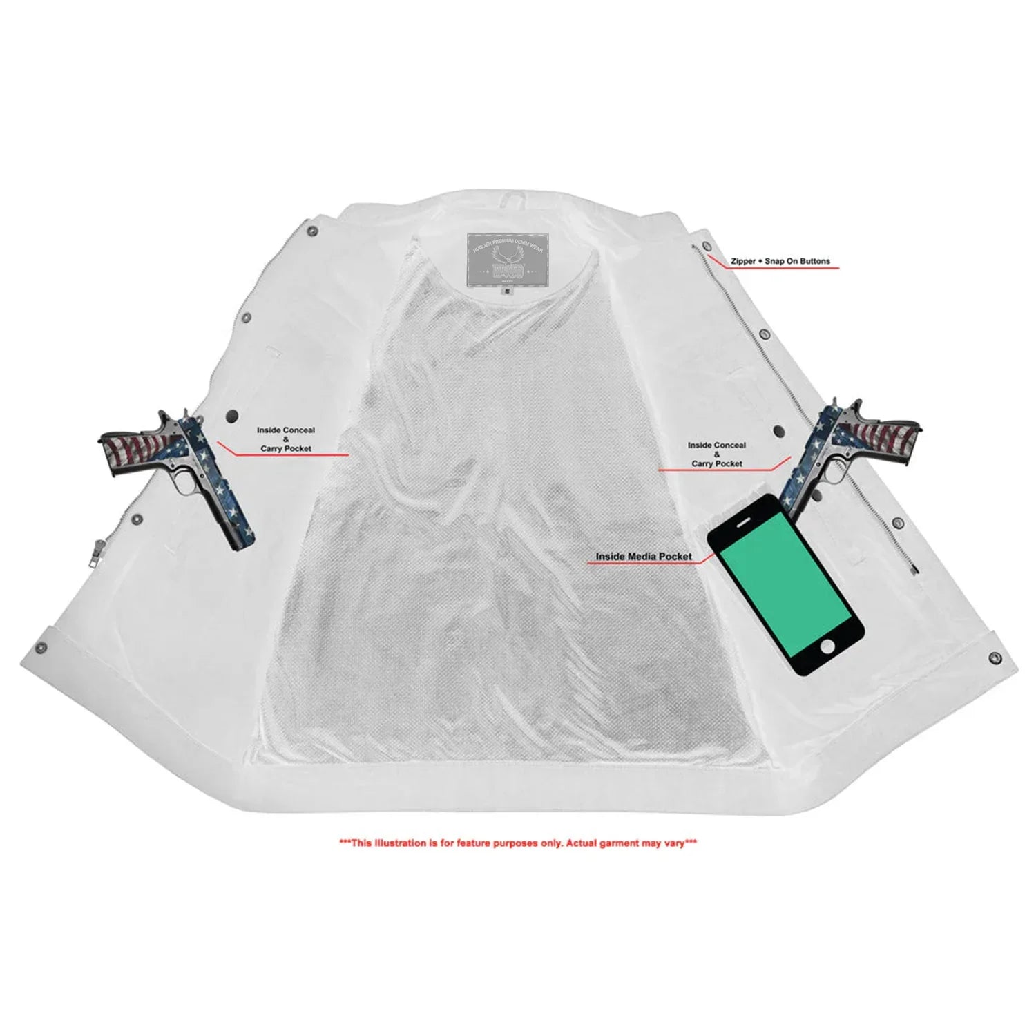 Concealed Snap Closure, Denim Material, Scoop Collar & Hidden