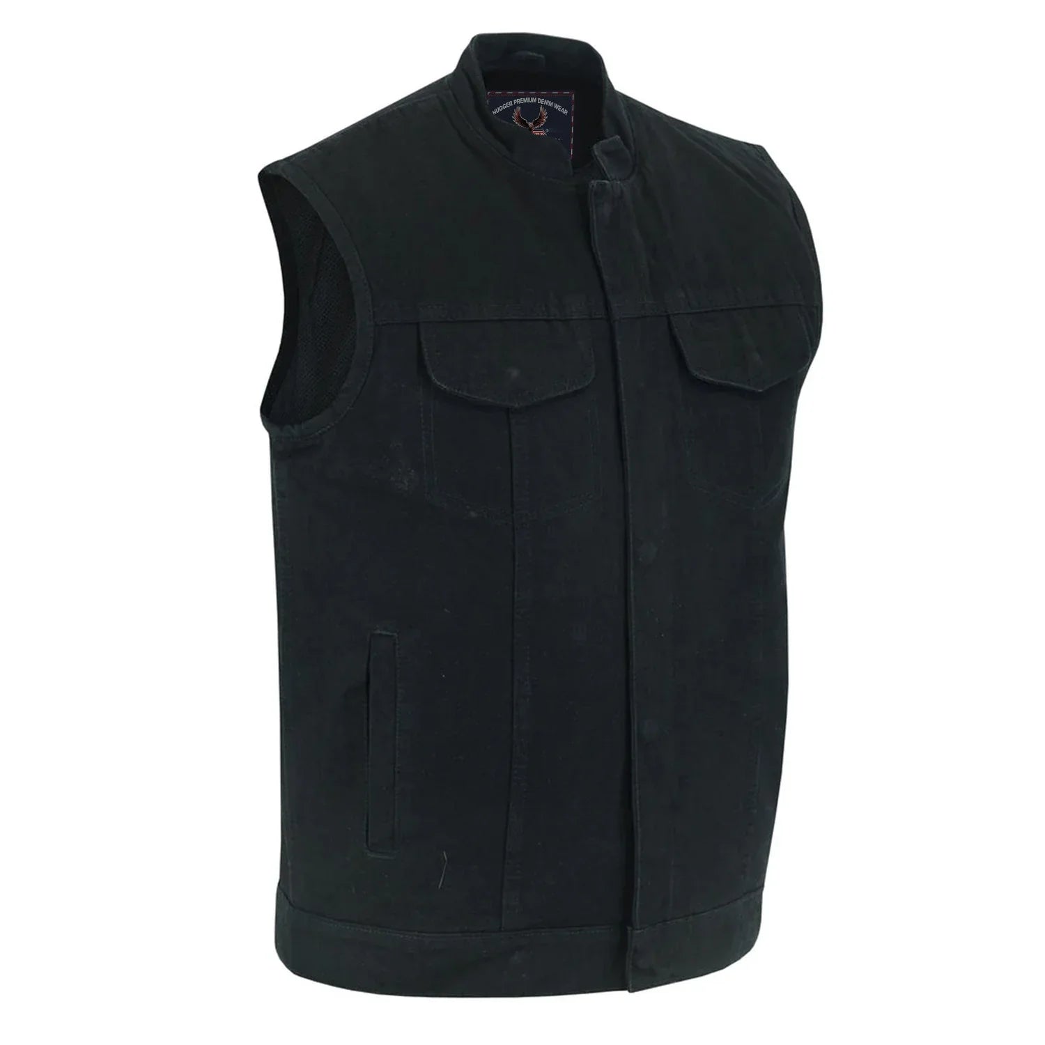 Concealed Snap Closure, Denim Material, Scoop Collar & Hidden