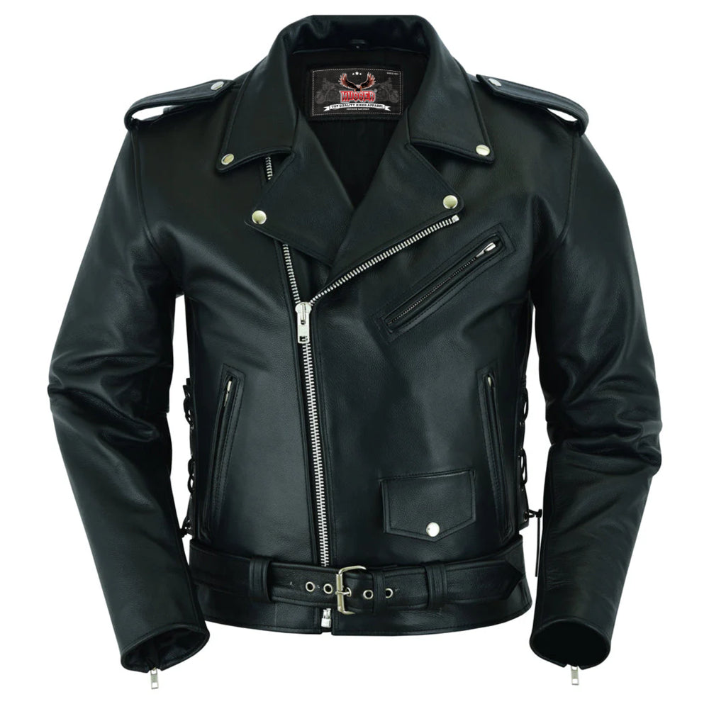 Economy Men's Motorcycle Classic Biker Leather Jacket - Side Laces