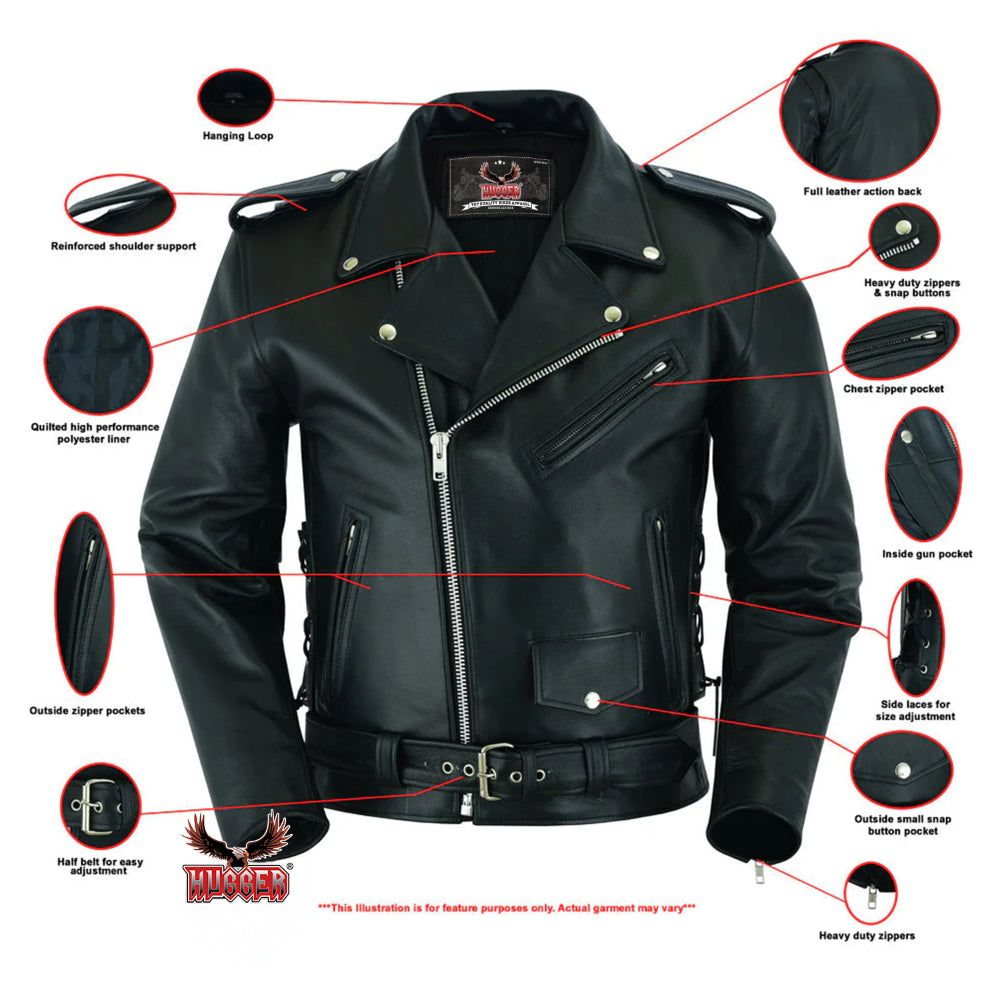 Economy Men's Motorcycle Classic Biker Leather Jacket - Side Laces