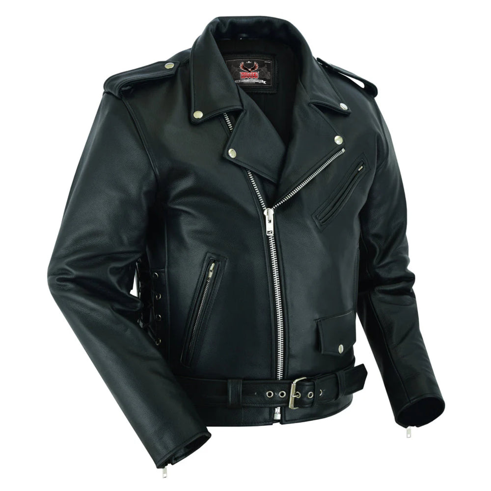 Economy Men's Motorcycle Classic Biker Leather Jacket - Side Laces