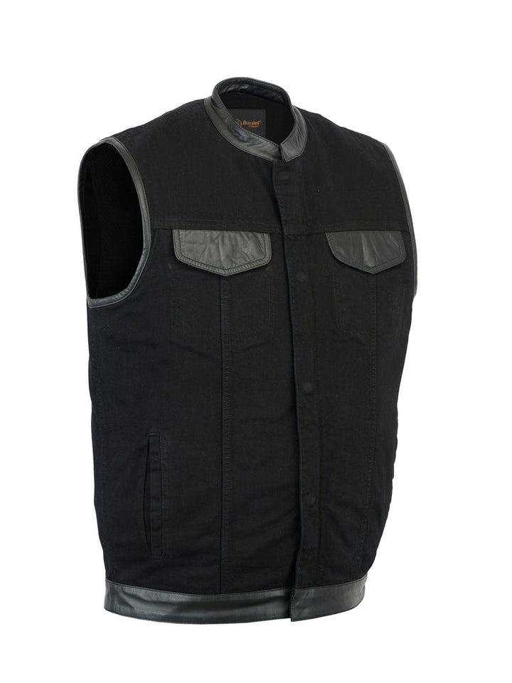 Men's Black Denim Single Panel Concealment Vest W/ Leather Trim