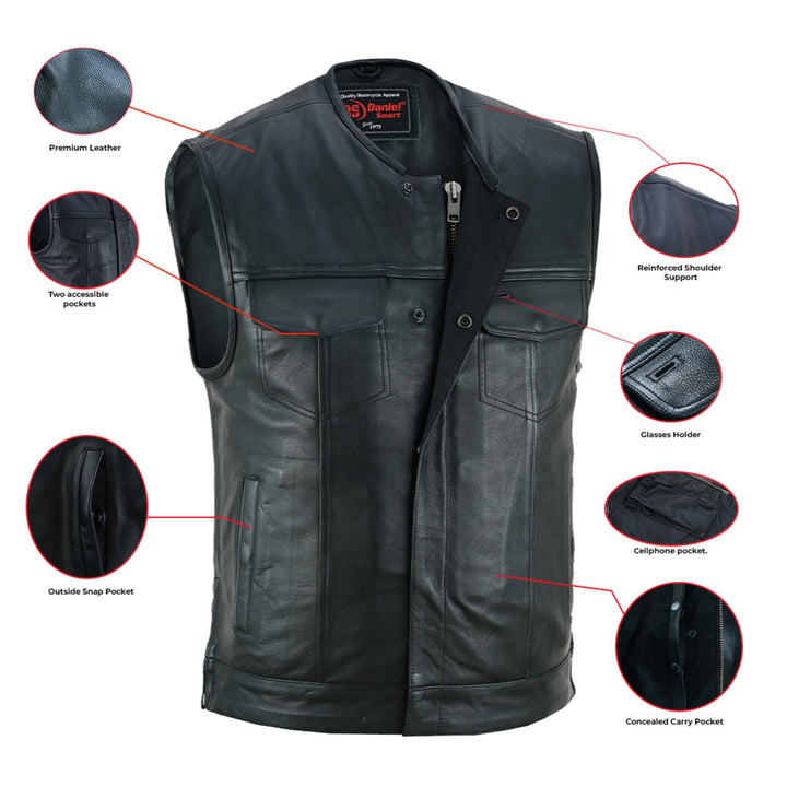 Men's Black Leather Motorcycle Vest with Upgraded Style