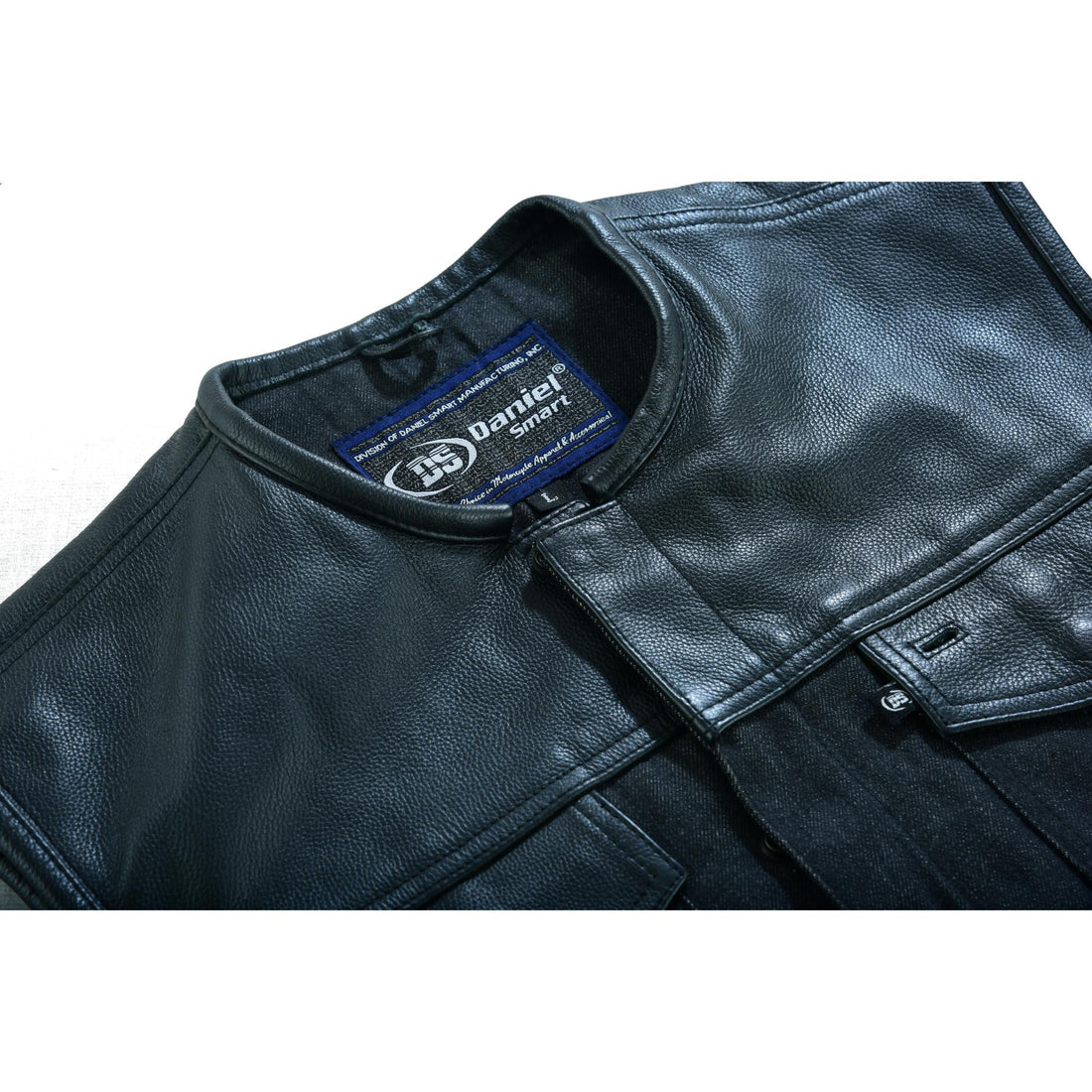 Men's Leather-Denim Combo Motorcycle Vest - No Collar