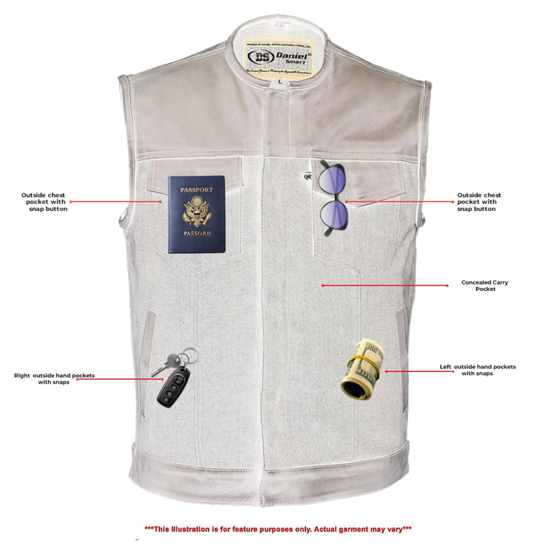 Men's Leather-Denim Combo Motorcycle Vest - No Collar