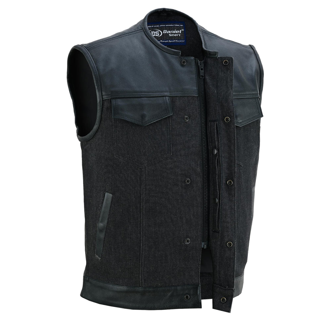 Men's Leather-Denim Combo Motorcycle Vest - No Collar
