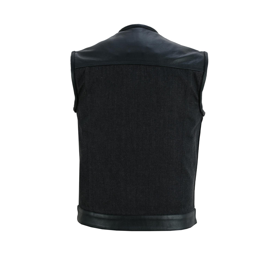 Men's Leather-Denim Combo Motorcycle Vest - No Collar