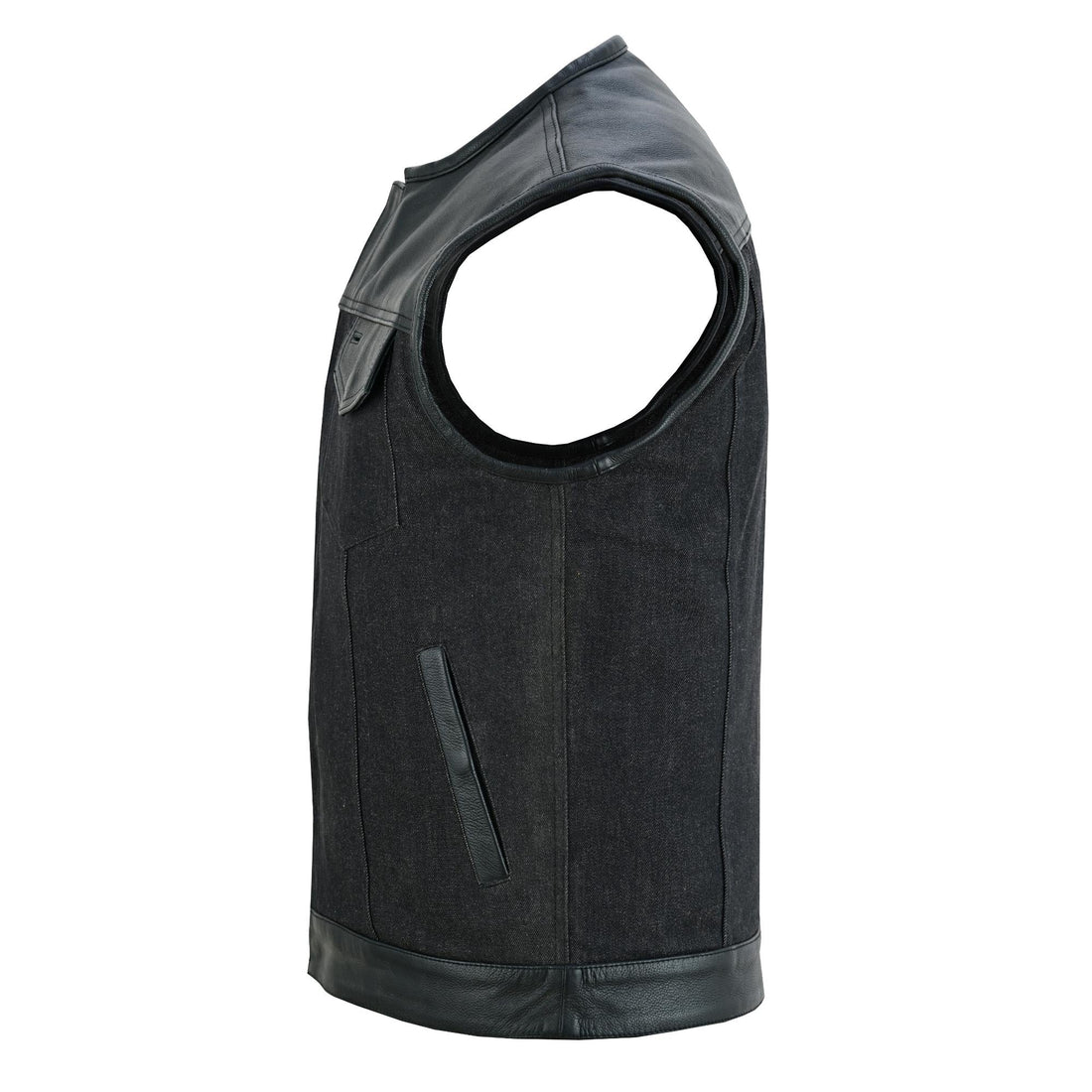 Men's Leather-Denim Combo Motorcycle Vest - No Collar