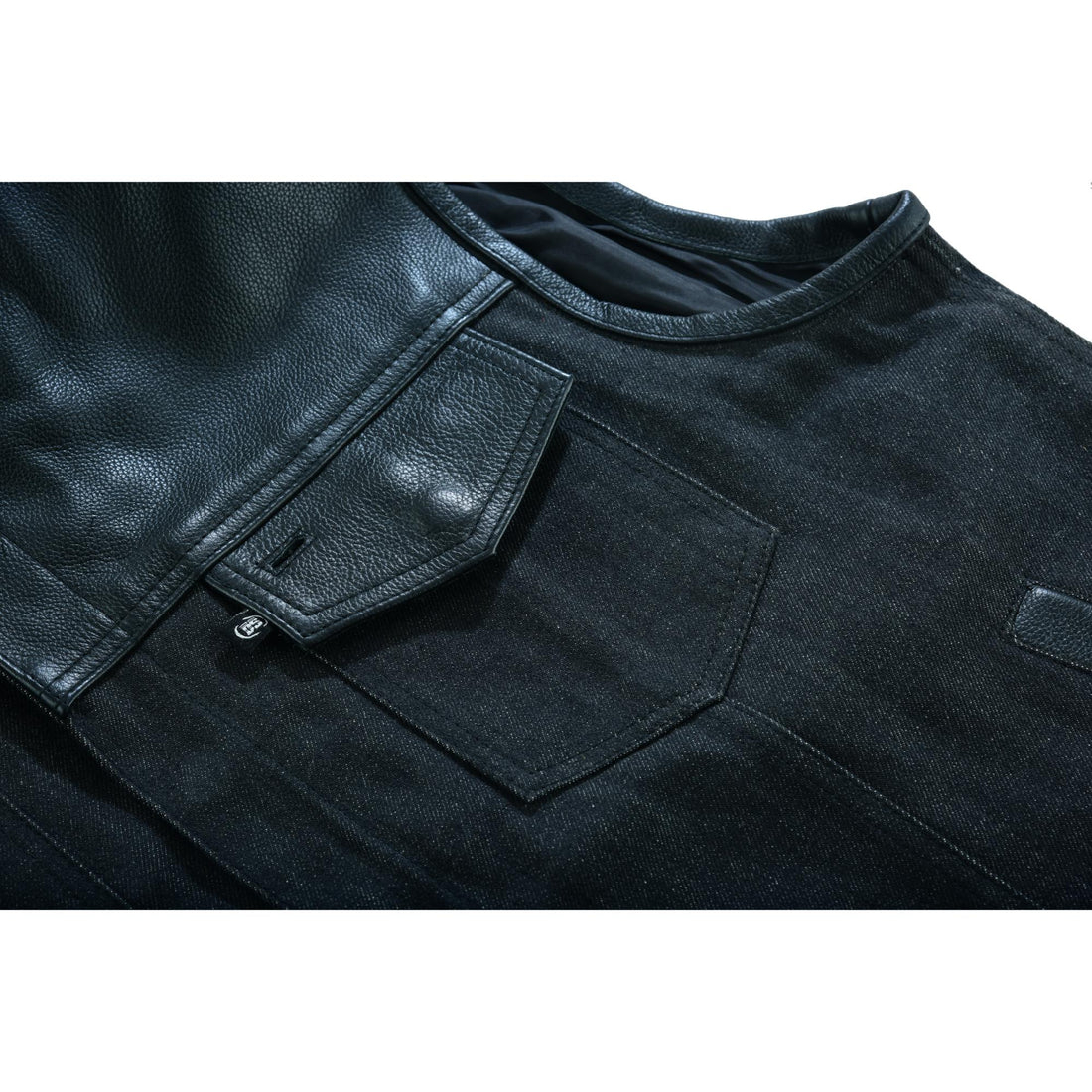 Men's Leather-Denim Combo Motorcycle Vest - No Collar