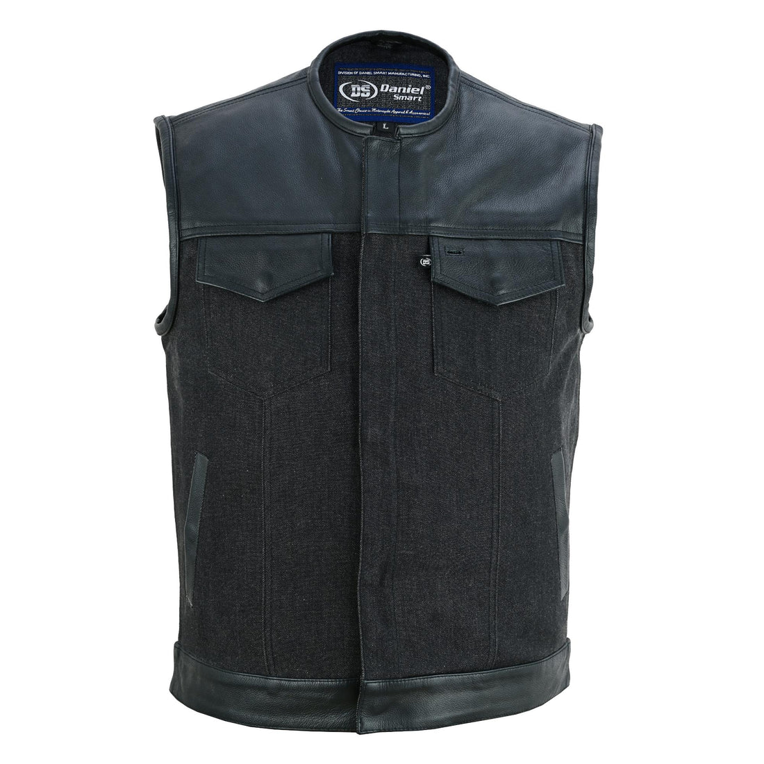 Men's Leather-Denim Combo Motorcycle Vest - No Collar