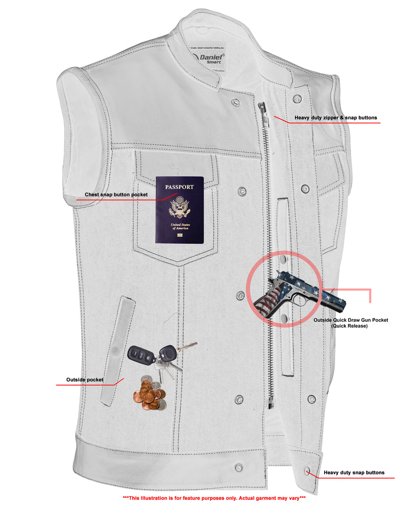 Men's Leather-Denim Combo Motorcycle Vest w/ Scoop Collar