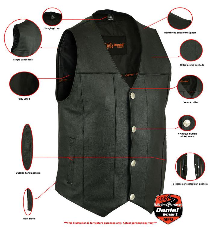 Men's Milled Single Back Panel Leather Vest - Black