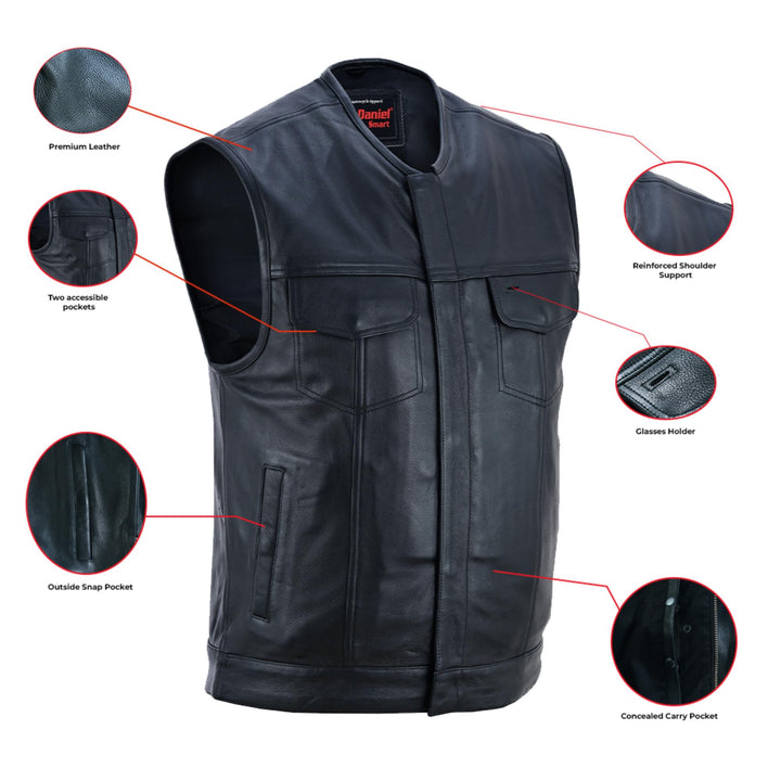 Men's Titan Black Leather Vest - Milled Cowhide, Hidden Zipper