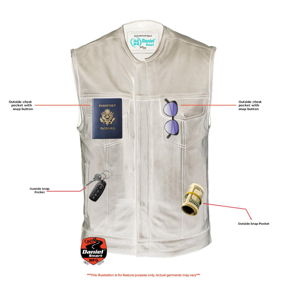 Men's Titan Black Leather Vest - Milled Cowhide, Hidden Zipper