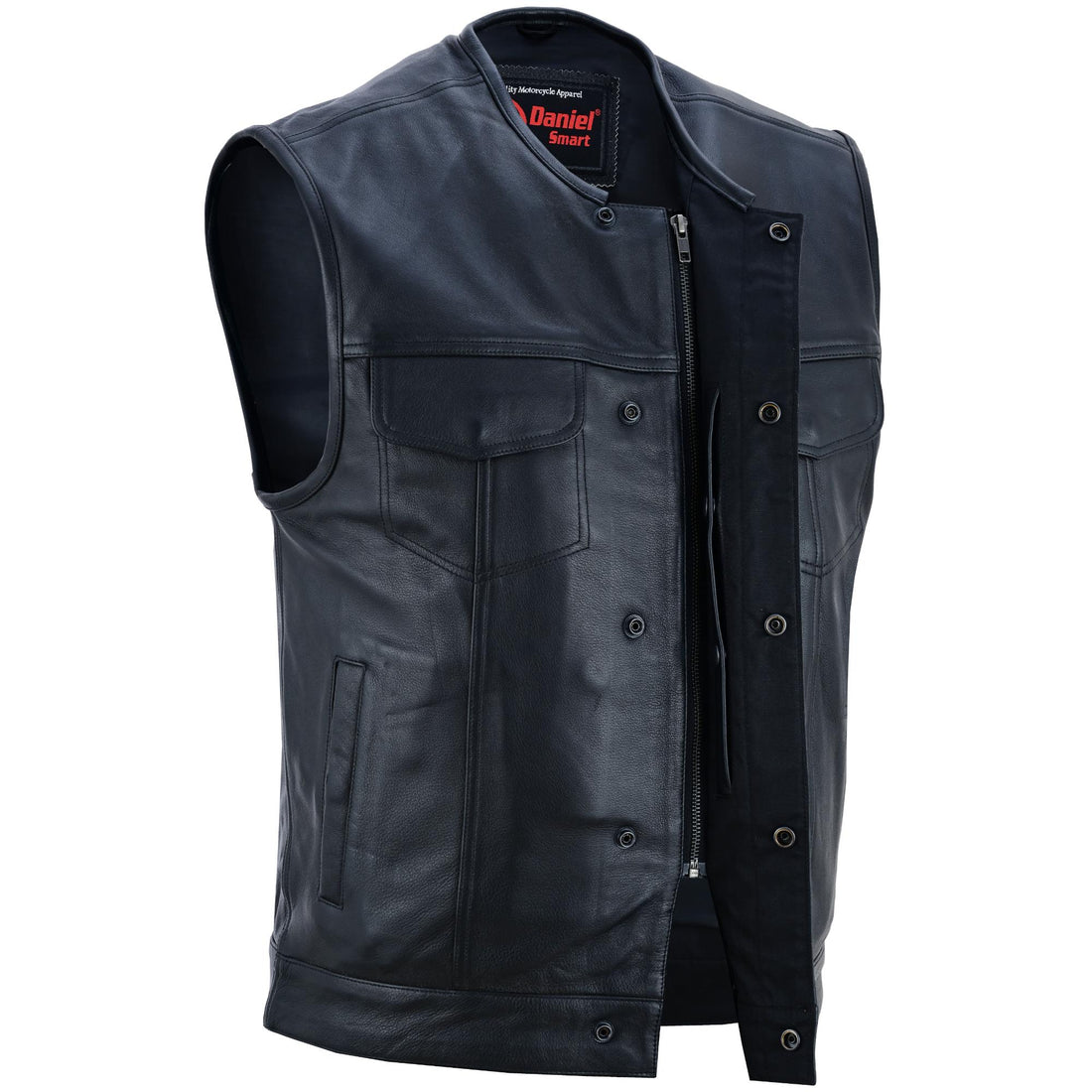 Men's Titan Black Leather Vest - Milled Cowhide, Hidden Zipper