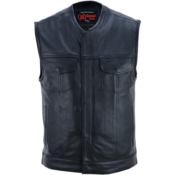Men's Titan Black Leather Vest - Milled Cowhide, Hidden Zipper
