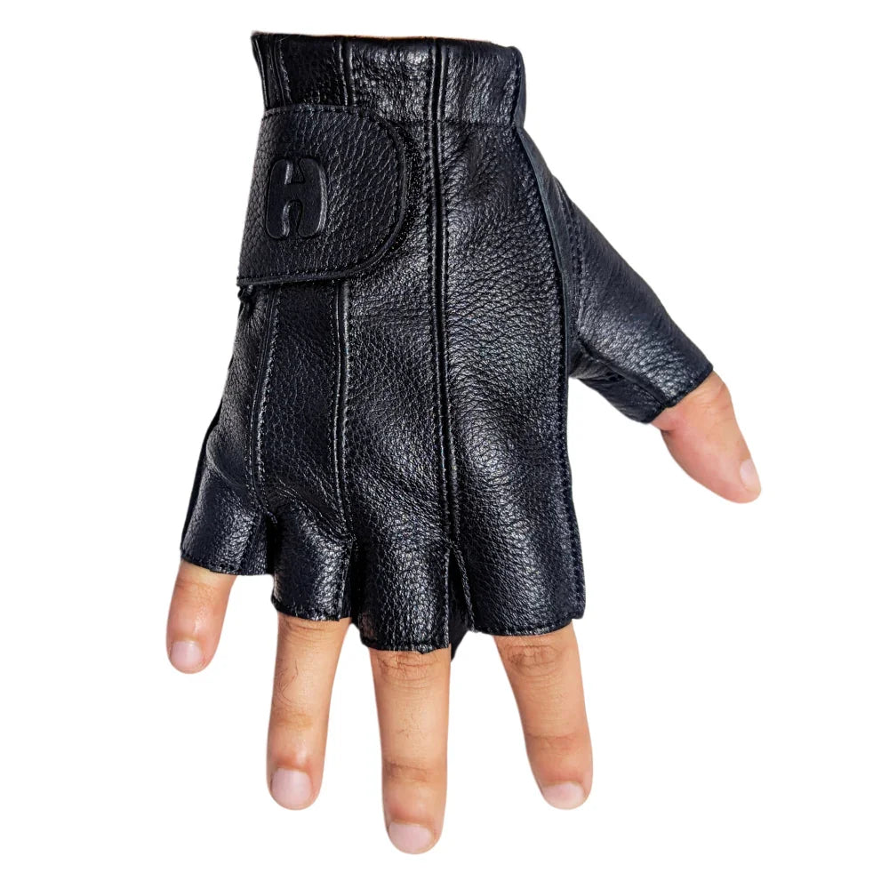 Men's Tough Deer Skin Fingerless Gloves with Gel Palm (Black)