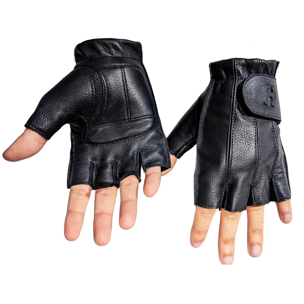 Men's Tough Deer Skin Fingerless Gloves with Gel Palm (Black)