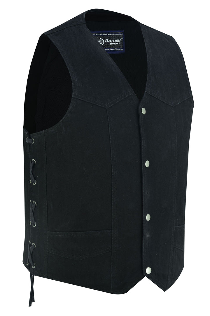 Men's Traditional Denim Motorcycle Vest with Side Laces – Smart Access Pockets