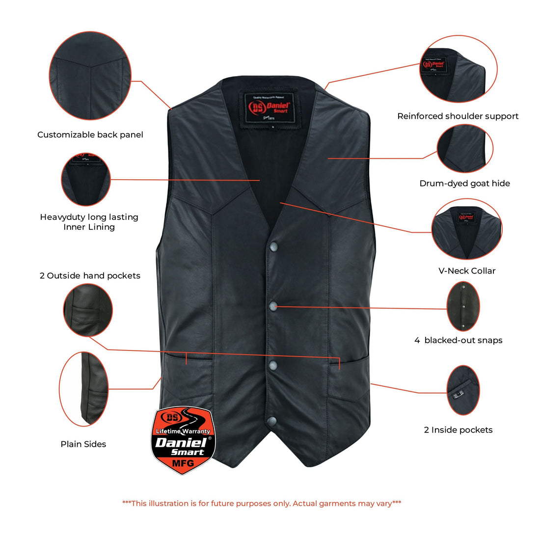 Men's Traditional Light Weight Black Leather Motorcycle Vest