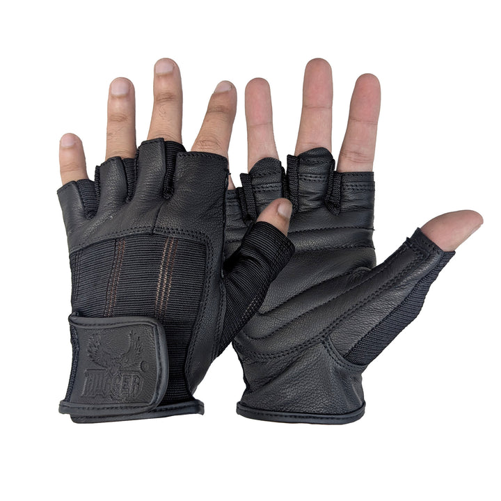 Men's Fingerless Technaline Leather, Summer Touring Chopper Gloves with Double Padded Palm