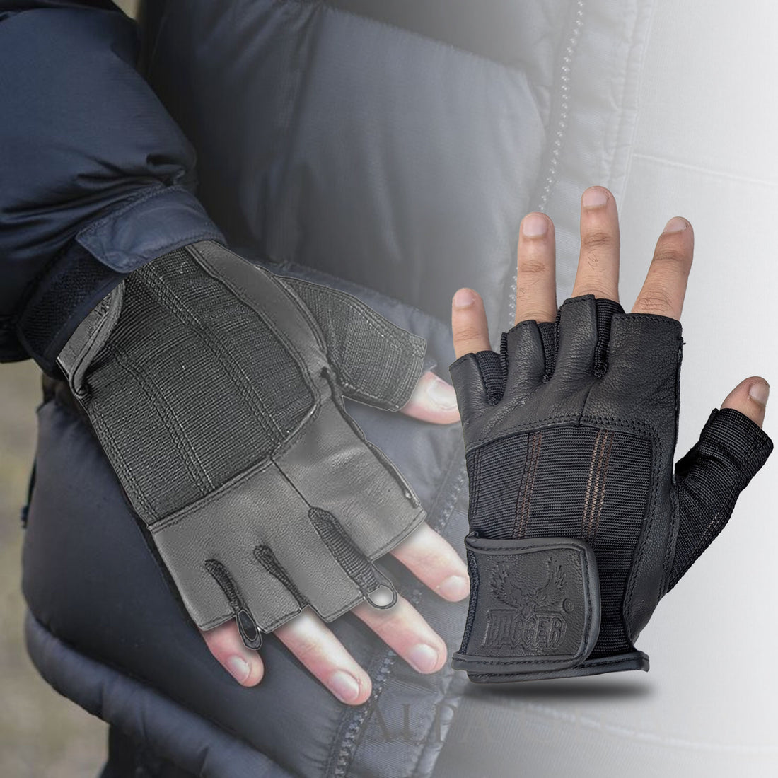 Men's Fingerless Technaline Leather, Summer Touring Chopper Gloves with Double Padded Palm